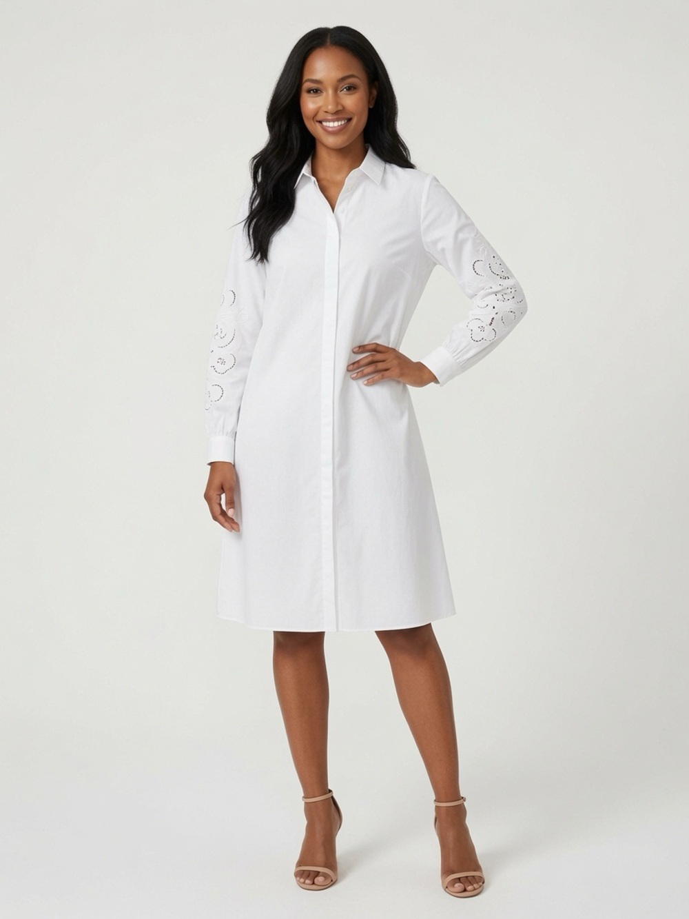 100% Cotton Massimo Dutti White Long-Sleeve Shirt Dress with Eyelet Sleeves